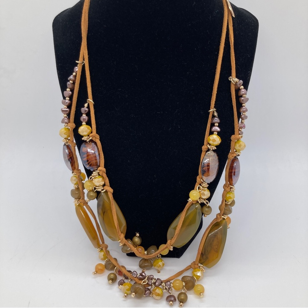 Bocar 2 Strand Layered Beaded Statement Necklace Brown Green Beads